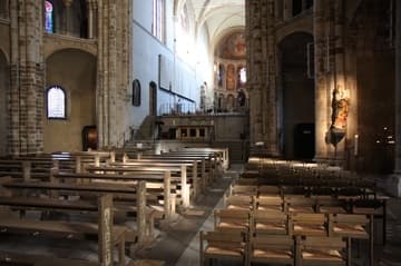 The unique decagonal nave, looking east towards the chancel.