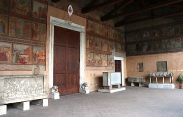 Interior of the west narthex, with 13th-century frescoes of St. Lawrence and St. Stephen, whose relics are enshrined in the church. Basilica di San Lorenzo fuori le Mura (Saint Lawrence outside the Walls), Rome, Italy.