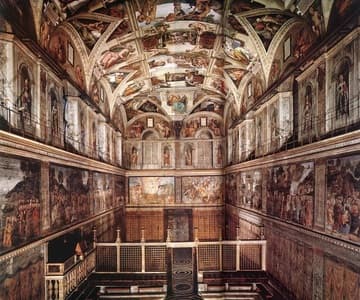 The interior of the Sistine Chapel, looking back towards the entrance.